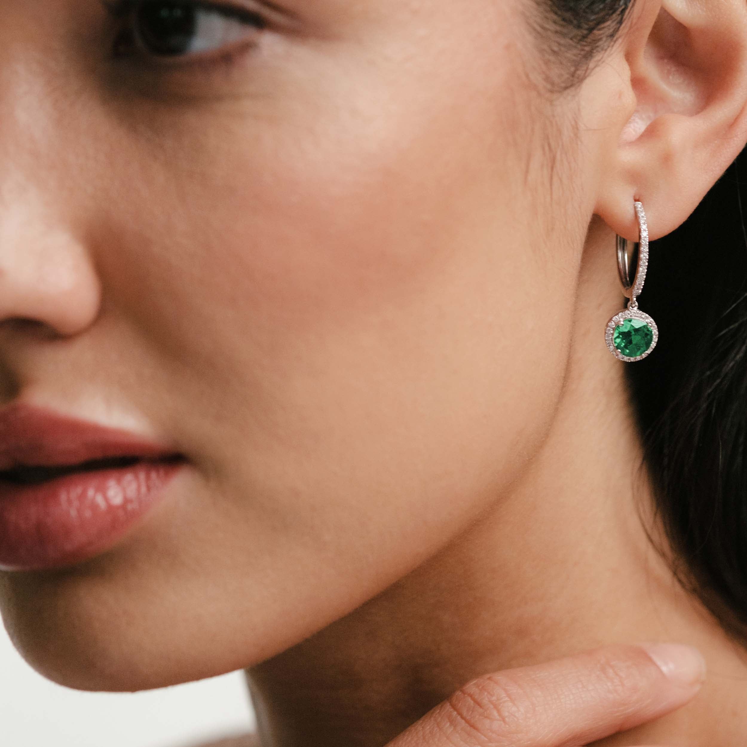 Astra 4.70ct Lab Emerald and Diamond Drop Halo Round Cut Earrings in Silver